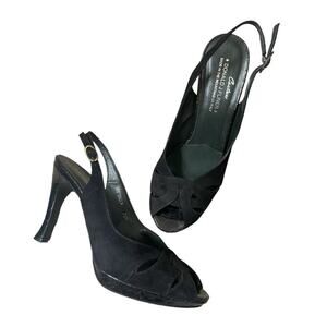 Donald J Pliner Couture Black Italy Suede Slingback Peep Toe 7.5 Kitten Heel Y2K